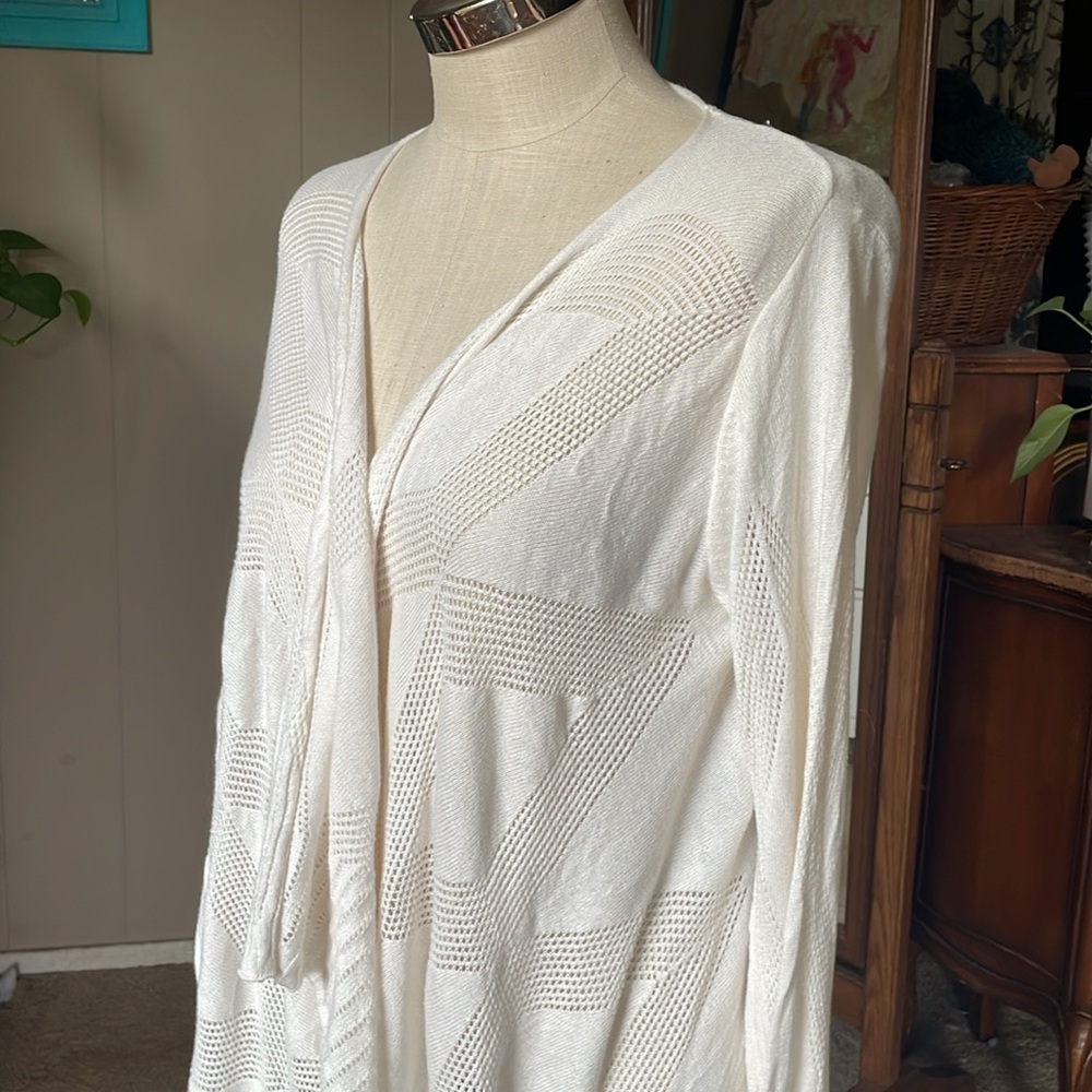 Studio M Women's Long Sleeve Open front Pointelle Cardigan Ivory Size L